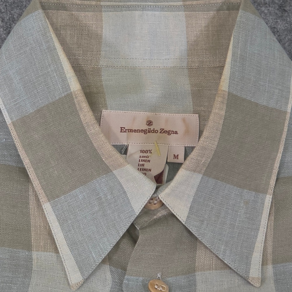 Ermenegildo Zegna Mens 100% Linen Check Button Down Shirt Green Tan Size M - Picture 4 of 8